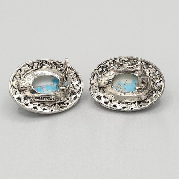 Hollycraft Blue Howlite Stone Silver Tone Filigree Accent Clip On Earrings - Picture 4 of 8